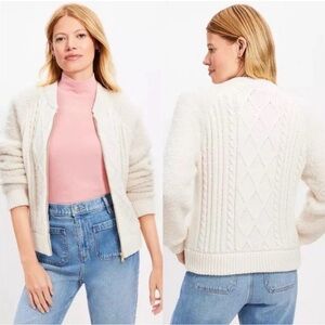 LOFT Women’s Cable knit creme Bomber Sweater Jacket Knit Sweater - size Xsmall